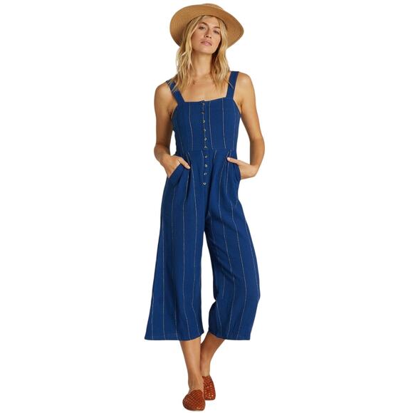 Billabong Pants - Billabong Paint The Town Jumpsuit XS Blue Striped Wide Leg Cotton Cropped